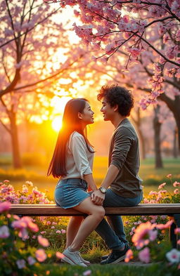 A romantic scene depicting teenage love, showing a teenage couple holding hands in a beautiful park during a vibrant sunset