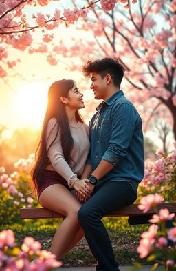 A romantic scene depicting teenage love, showing a teenage couple holding hands in a beautiful park during a vibrant sunset