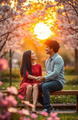 A romantic scene depicting teenage love, showing a teenage couple holding hands in a beautiful park during a vibrant sunset