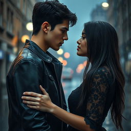 A dramatic and moody scene of a teenage couple standing close to each other in the pouring rain