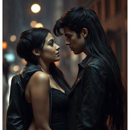 A dramatic and moody scene of a teenage couple standing close to each other in the pouring rain