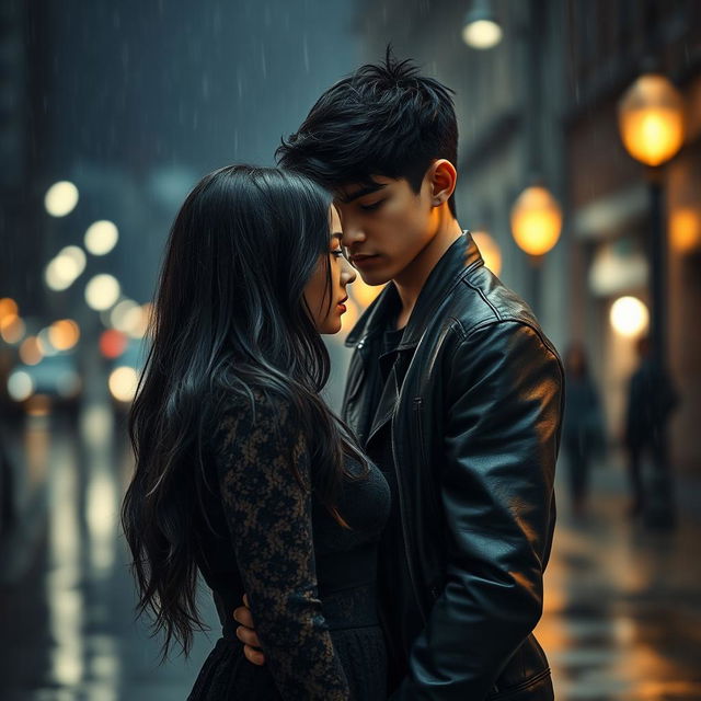 A dramatic and moody scene of a teenage couple standing close to each other in the pouring rain