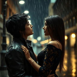 A dramatic and moody scene of a teenage couple standing close to each other in the pouring rain