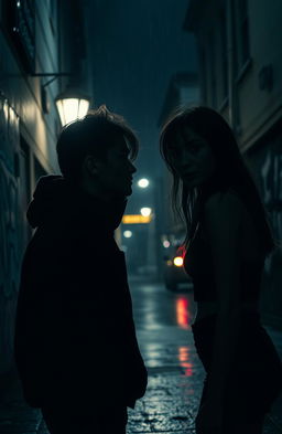 An enigmatic scene capturing the essence of a dark teenage romance, set in a dimly lit, moody urban environment