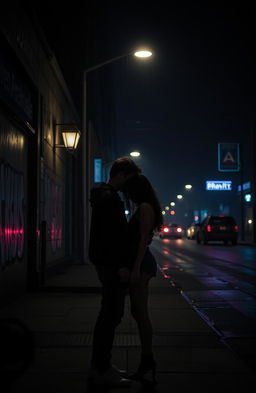 An enigmatic scene capturing the essence of a dark teenage romance, set in a dimly lit, moody urban environment