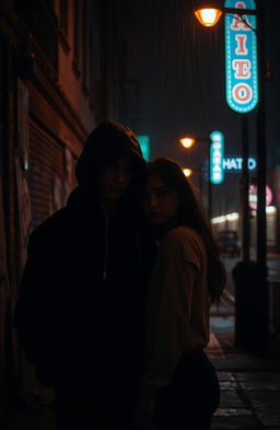 An enigmatic scene capturing the essence of a dark teenage romance, set in a dimly lit, moody urban environment