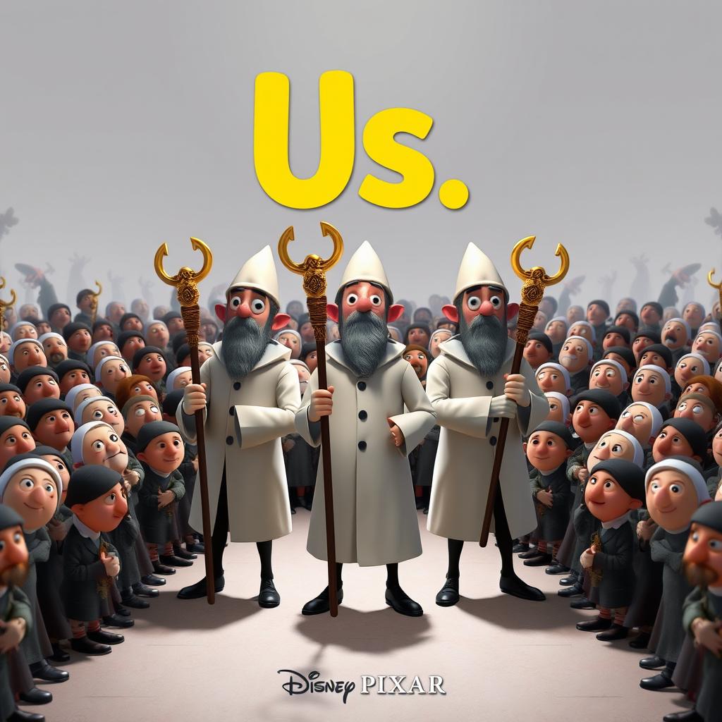 A Disney Pixar 3D render poster featuring three cartoon-style plague doctors standing heroically in the center, each holding elaborately designed staffs