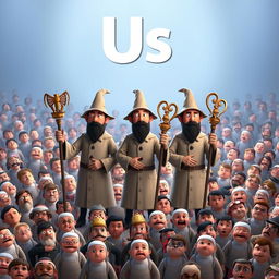 A Disney Pixar 3D render poster featuring three cartoon-style plague doctors standing heroically in the center, each holding elaborately designed staffs