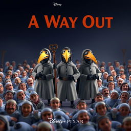 A Disney Pixar 3D render poster featuring three cartoon-style plague doctors standing prominently in the center, each wearing iconic bird masks and holding distinctive rods