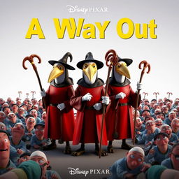 A Disney Pixar 3D render poster featuring three cartoon-style plague doctors standing prominently in the center, each wearing iconic bird masks and holding distinctive rods