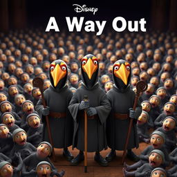 A Disney Pixar 3D render poster featuring three cartoon-style plague doctors standing prominently in the center, each wearing iconic bird masks and holding distinctive rods