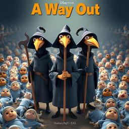 A Disney Pixar 3D render poster featuring three cartoon-style plague doctors standing prominently in the center, each wearing iconic bird masks and holding distinctive rods