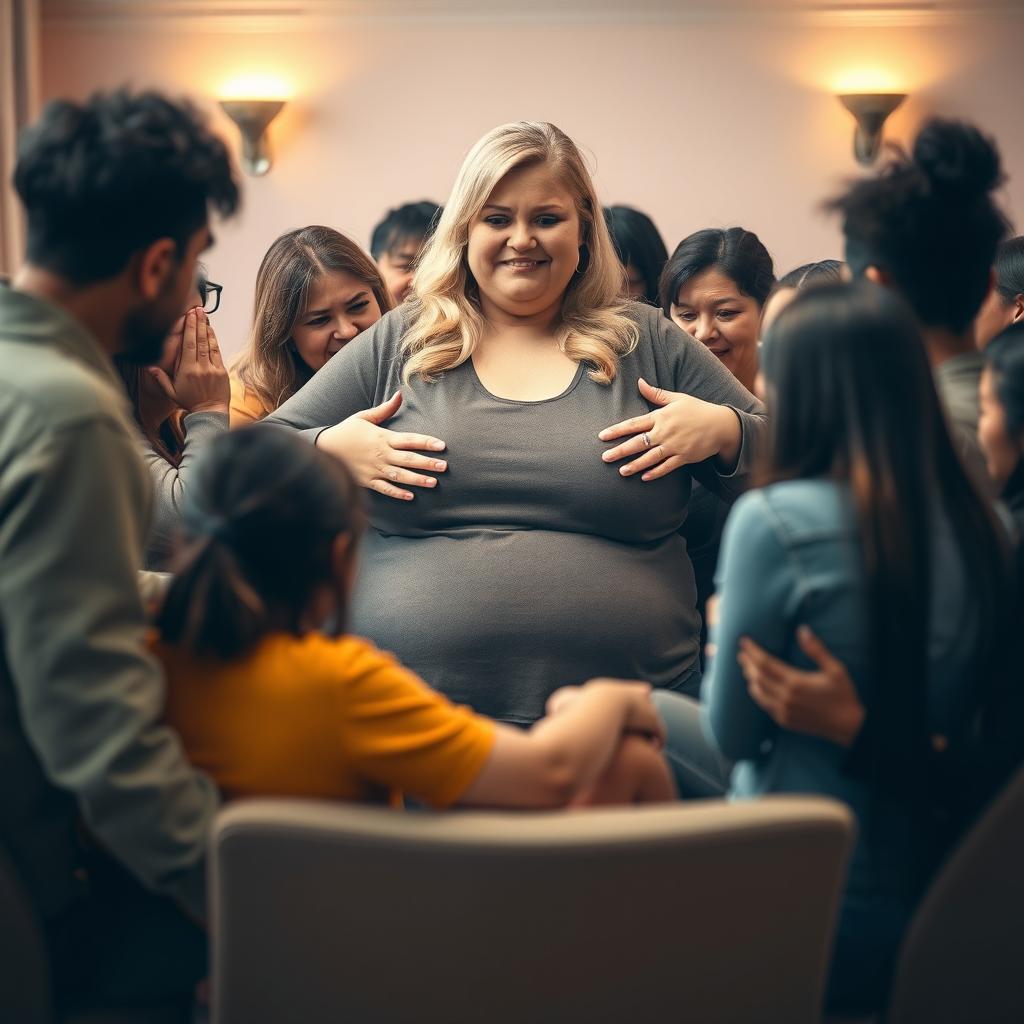 A support group meeting with a blonde, overweight woman at the center, being embraced by several distressed people who are crying