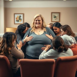 A support group meeting with a blonde, overweight woman at the center, being embraced by several distressed people who are crying