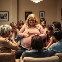 A support group meeting with a blonde, overweight woman at the center, being embraced by several distressed people who are crying