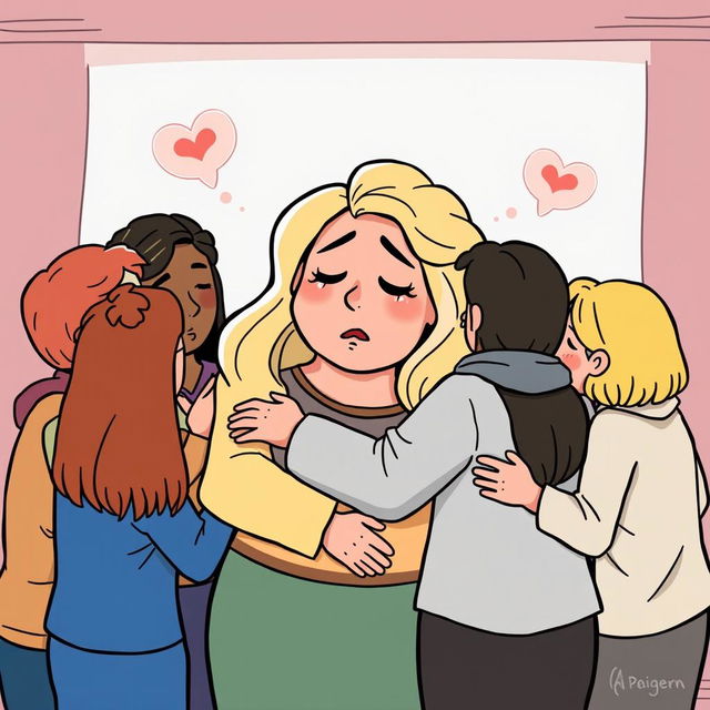 A cartoon-style illustration of a support group with a large, blonde woman at the center