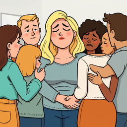 A cartoon-style illustration of a support group with a large, blonde woman at the center