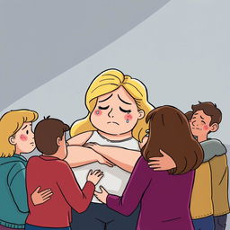 A cartoon-style illustration of a support group with a large, blonde woman at the center