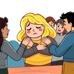 A cartoon-style illustration of a support group with a large, blonde woman at the center