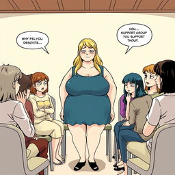 A blonde, overweight woman at the center of a support group, surrounded by multiple people who are crying and feeling desolate, depicted in a manga art style