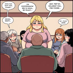 A blonde, overweight woman at the center of a support group, surrounded by multiple people who are crying and feeling desolate, depicted in a manga art style