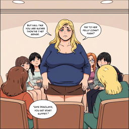 A blonde, overweight woman at the center of a support group, surrounded by multiple people who are crying and feeling desolate, depicted in a manga art style