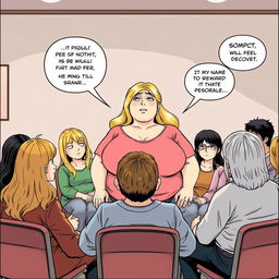 A blonde, overweight woman at the center of a support group, surrounded by multiple people who are crying and feeling desolate, depicted in a manga art style