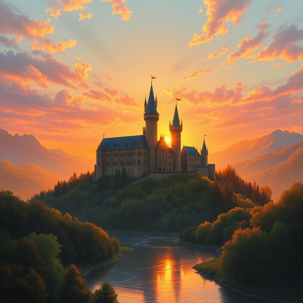 A grand medieval castle nestled atop a hill, surrounded by lush forests and a serene river, bathed in the warm glow of a setting sun