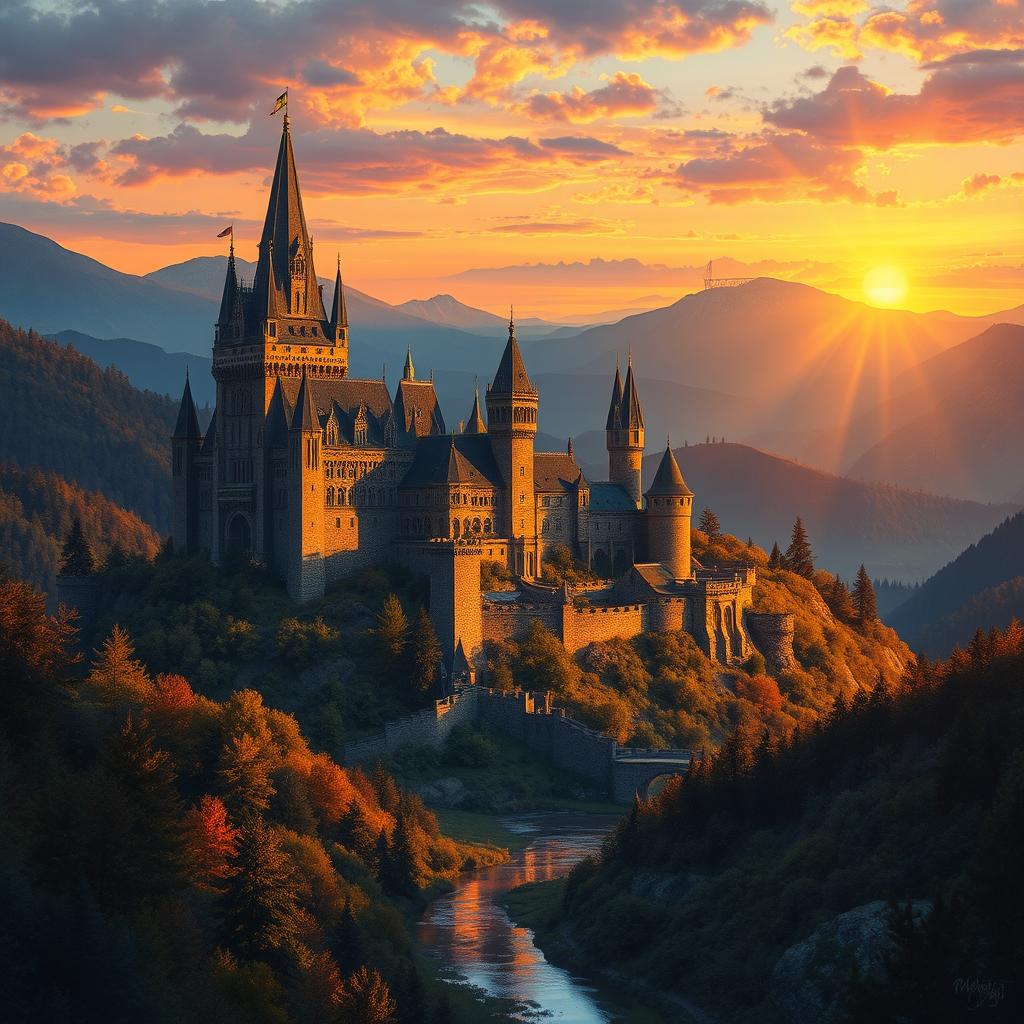 A grand medieval castle nestled atop a hill, surrounded by lush forests and a serene river, bathed in the warm glow of a setting sun