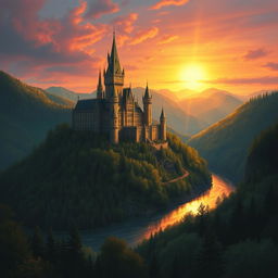 A grand medieval castle nestled atop a hill, surrounded by lush forests and a serene river, bathed in the warm glow of a setting sun