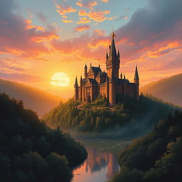 A grand medieval castle nestled atop a hill, surrounded by lush forests and a serene river, bathed in the warm glow of a setting sun