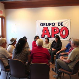 A support group meeting taking place in a cozy community center room