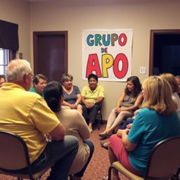 A support group meeting taking place in a cozy community center room