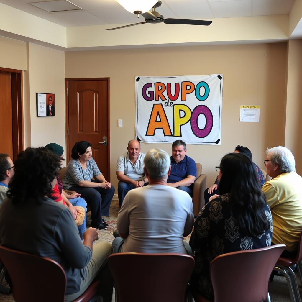 A support group meeting taking place in a cozy community center room