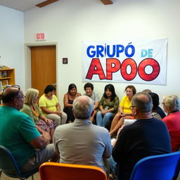 A support group meeting taking place in a cozy community center room