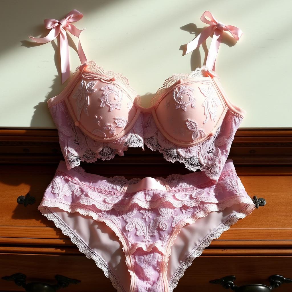 A delicate and elegant lingerie set featuring a lace bra and matching panties