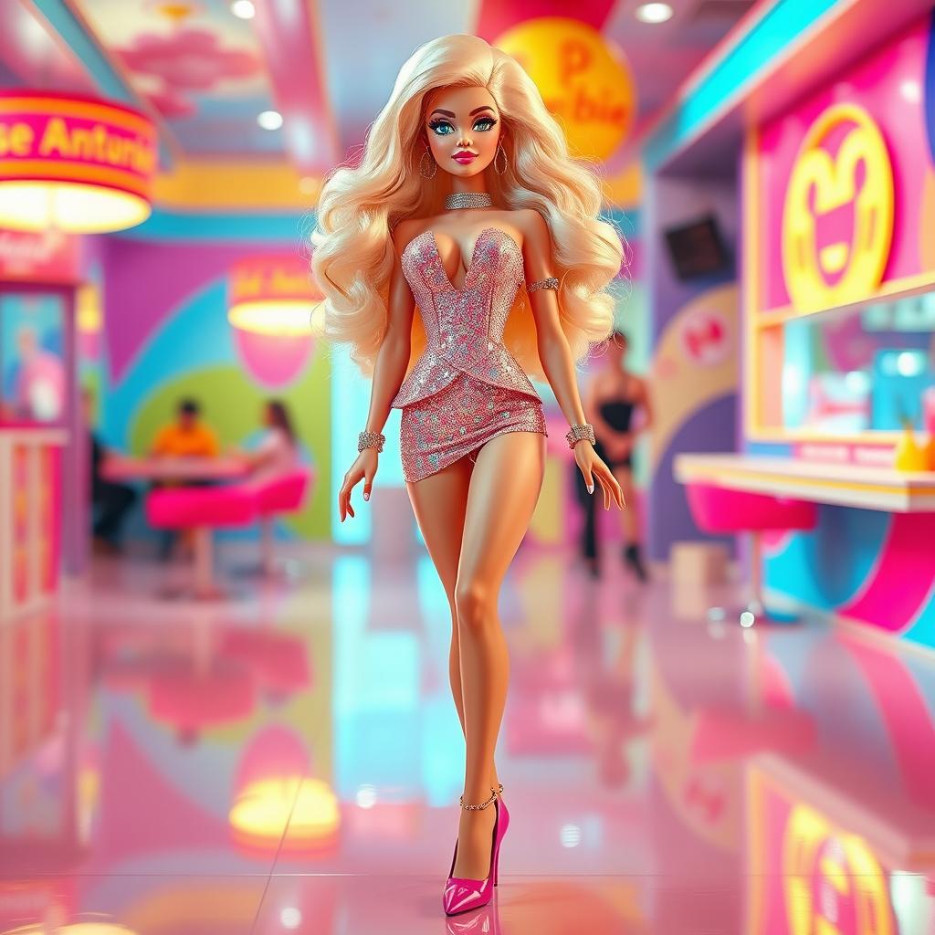 A glamorous figure inspired by a Barbie doll, dressed in a flashy, bimbo style with high heels