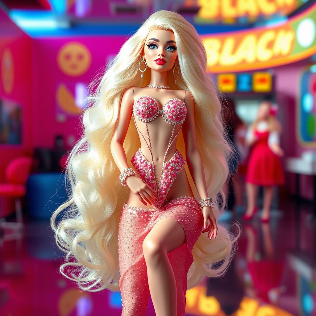 A glamorous figure inspired by a Barbie doll, dressed in a flashy, bimbo style with high heels