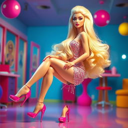 A glamorous figure inspired by a Barbie doll, dressed in a flashy, bimbo style with high heels