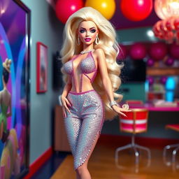 A glamorous figure inspired by a Barbie doll, dressed in a flashy, bimbo style with high heels