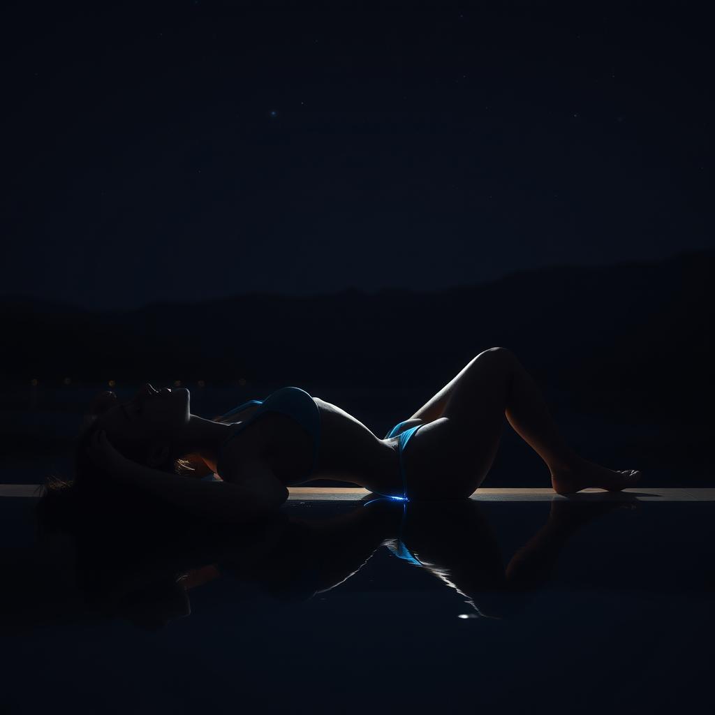 An artistic and realistic photo capturing the illuminated edge of a silhouette of a young, slender woman in a bikini, lying on her back sideways