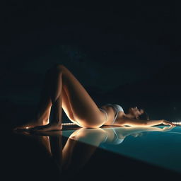 An artistic and realistic photo capturing the illuminated edge of a silhouette of a young, slender woman in a bikini, lying on her back sideways