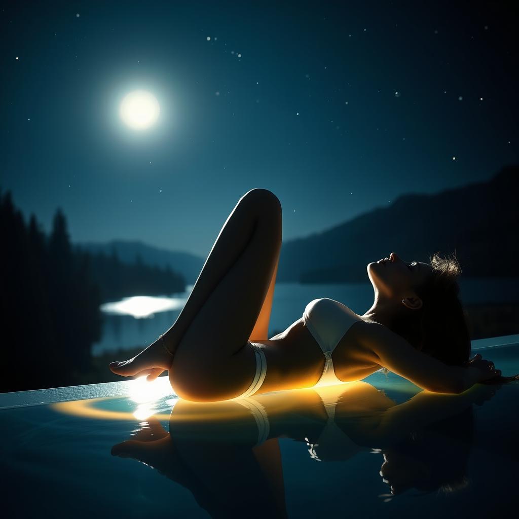 An artistic and realistic photo capturing the illuminated edge of a silhouette of a young, slender woman in a bikini, lying on her back sideways