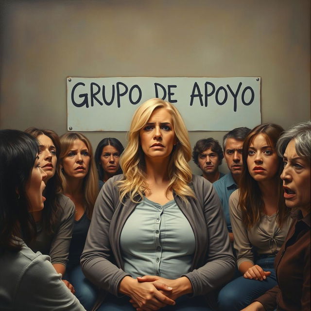 A support group meeting scene where a large blonde woman is seated at the center of the room