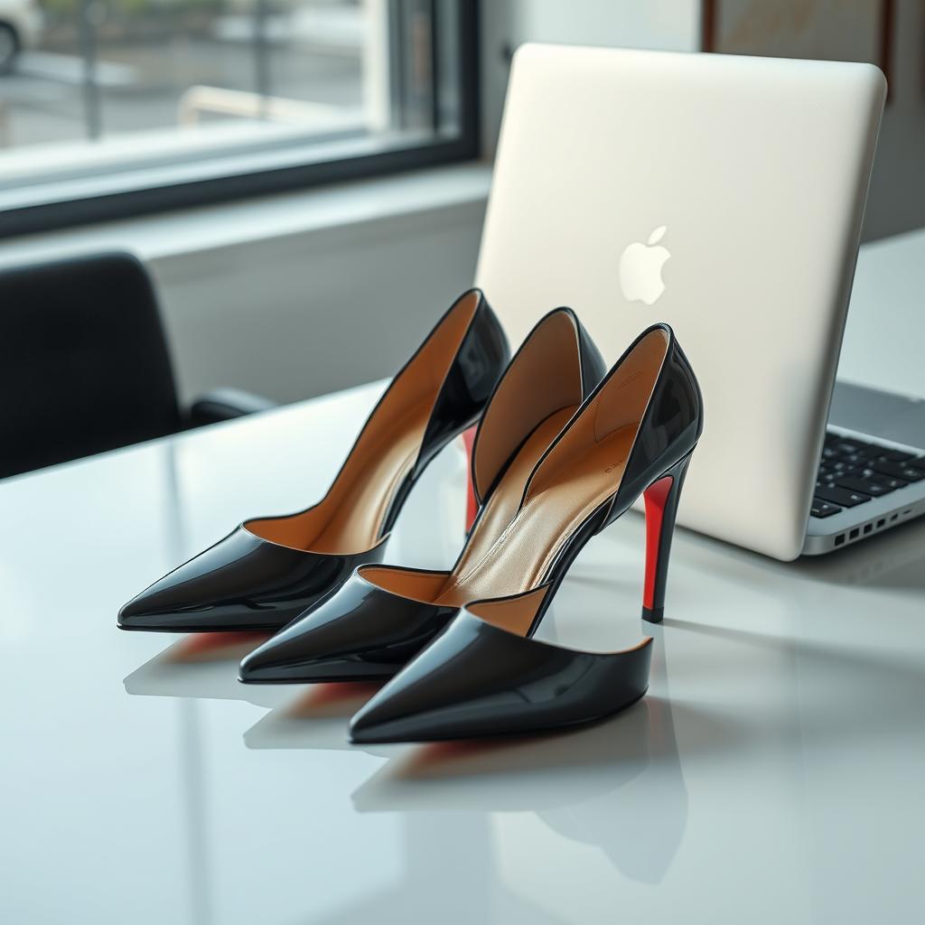 A sleek and modern composition featuring a pair of elegant high heels alongside a stylish, contemporary laptop