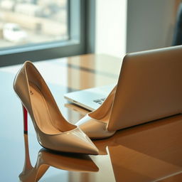 A sleek and modern composition featuring a pair of elegant high heels alongside a stylish, contemporary laptop