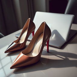 A sleek and modern composition featuring a pair of elegant high heels alongside a stylish, contemporary laptop