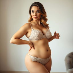 A 30-year-old woman with an hourglass figure, showcasing her ample curves with confidence