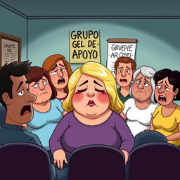 A cartoonish and caricature-style support group scene