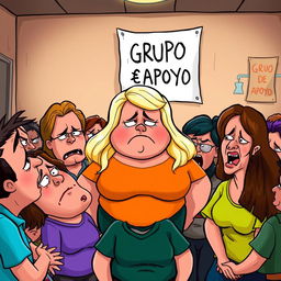 A cartoonish and caricature-style support group scene